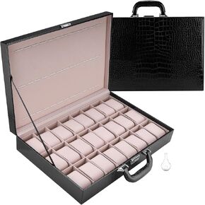 NovelBee 24 Slot Watch Box,Watch Display Suitcase with Removable Pillows,Secure Lock and Carrying handle for Men Women Wristwatch Jewelry Portable Travel Case Organizer