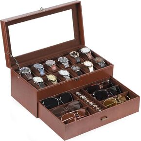 AUTOARK Leather & Velvet 12 Watch Box Jewelry Case and 6 Piece Sunglass Eyeglasses Organizer,2 Layers with 1 Drawer,Lockable,Large Glass Top,MKAW041