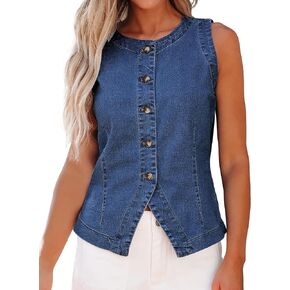 luvamia Denim Vest for Women Sleeveless Strechy Jean Vest Top Button Down Crewneck Casual Summer Western Waistcoat