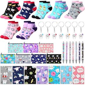 35 Pcs Dental Hygienist Appreciation Gift Set, Include Teeth Socks Dental Assistant Makeup Bag Tooth Shape Keychain Mini Notebooks Teeth Ballpoint Pens Dentist Gift Bulks for Hygienist Women