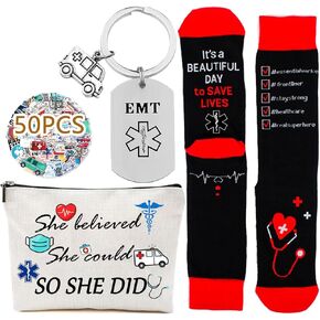 EMT Appreciation Gifts Merch - 4 Pcs with Emergency Medical Technician Makeup Bag Socks Keychain and Stickers - Great for First Responders
