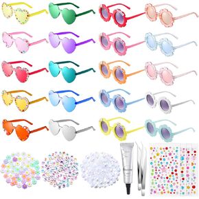 20 Pairs DIY Heart Round Flower Sunglasses with Letter Beads,Daisy Pearl Charms,Glue Stick,2 Pcs Tweezers and 4 Pcs Stickers for Kid Girls Party Favors