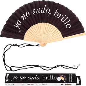 Fisura – Original Folding Fan with Message “yo no sudo brillo, Wooden hand fan folding for women, Black Design with Hanger for wedding, rave, festival - Size: 42.5 x 23 cm