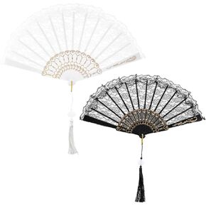 simarro 2 Piece Lace Hand Fans For Women, Handheld Chinese Retro Style Folding Fan, Embroidered Bridal Hand Fan for Women Foldable Bulk for Party Wedding Church Dancing (White+Black)