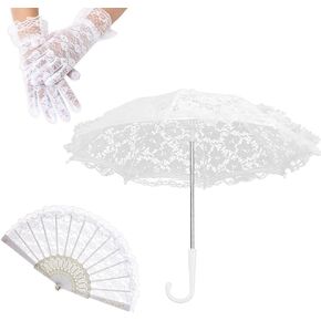 Mini White Lace Parasol Set Wedding Bridal Lace Parasol Vintage Lace Umbrella Lace Gloves White Handheld Folding Fan Lace Embroidery Parasol Set for Costume Photo Prop Tea Party Wedding Party Supplies