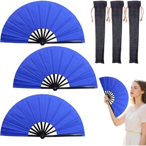 3 Pcs Large Folding Popping Fan Line Dancing Fan, Foldable Boots on The Ground Hand Fan, Big Handheld Line Dance Clap Fans (Blue)