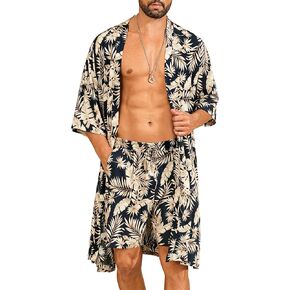 SWOMOG Mens Lightweight Kimono Robe with Shorts Set 2 PCS Printed Japanese Bathrobes Cardigan Robe with Belt & Pockets