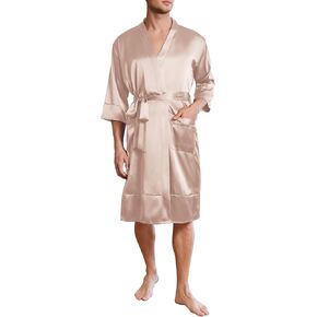Ekouaer Mens Satin Robe Lightweight Silky Kimono Bathrobe 3/4 Sleeve Spa Knee Length Loungewear with Pockets S-3XL in Kuwait
