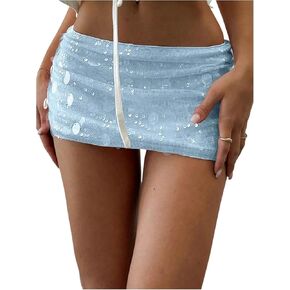 Makemechic Women's Sequins Skirt Mini Skirt Summer Bodycon Sparkly Skirt مع شورتات تحتها