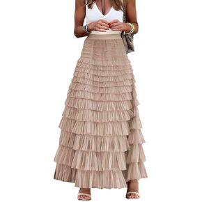 Womens Long Tulle Skirt A Line Ruffle Tiered Layered Skirts High Waisted Flowy Fairy Maxi Skirts