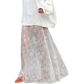 Perbai Women's Sexy Sheer Lace Skirt High Waisted Floral Embroidered Ruffled A Line Long Maxi Beach Skirts