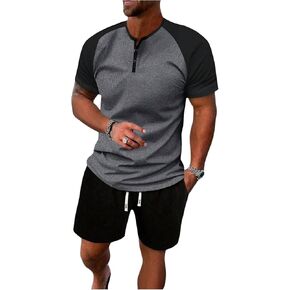 ملابس Gorglitter Men's 2 قطعة Summits Summits Button Down Down Sleeve Henley Shirt ومجموعة إجازة قصيرة
