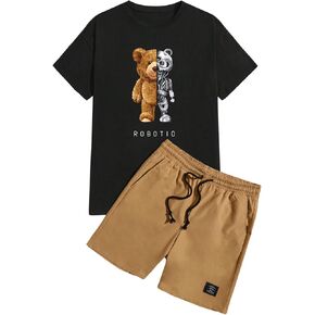 Men's 2 Piece Tracksuits Set Short Sleeve Cartoon Bear Graphic Tees and Camo Shorts Gym Clothes