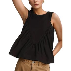Wyeysyt Peplum Tops for Women Shirred Swing Tank Tops Pleated Flowy Vest Casual Sleeveless Blouse Loose Fit Ruffled Shirts