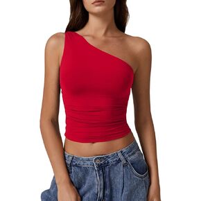 QINSEN Women's One Shoulder Tank Tops Double Lined Sleeveless Slim Fit Cropped Tee Shirt Y2k Tops