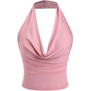 SOLY HUX Women's Halter Top Sparkly Sexy Backless Party Crop Tops Club Rave Festival Outfits Black