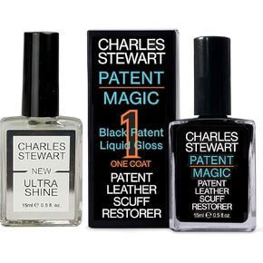 Charles Stewart Patent Magic Ultra - One Coat Black Patent Leather Scuff Repair with Ultrashine Top Coat for Added Gloss | On Real and Imitation Patent Leather and Scraped Heels; Solvent Free 15ml