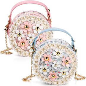 DEAYOU 2 Pack Little Girls Purse, Kids Purse Mini Crossbody Bag, Cute Princess Shoulder Handbag Girls Wallets with Chain for Teenagers, Gifts, Birthday, Party, Round, Pearl Flowers Style, Pink, Blue