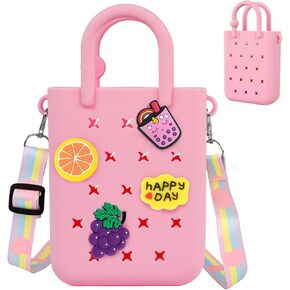 Mini Rubber Tote Bag, EVA Waterproof Beach Tote for Little Girls And Woman, Silicone Hole Small Beach Tote for Travel Outdoor, Cute Rubber Beach Bag with 20 Charms & Adjustable Shoulder Strap