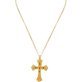 Luxurious Gold-Plated Cross Necklace with Multi-Colored Gemstones - Filigree Design with Adjustable Chain - Elegant Gifts for Religious Occasions
