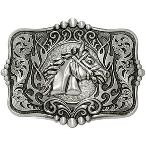Rectangle Belt Buckle With Horse & Bull Prayer Animal Symbol Acanthus Cowboy Western Style