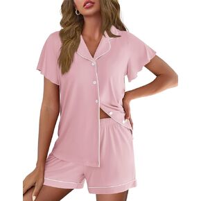 Ekouaer Pajamas for Women Set Button Up Pjs Short Sleeve Ruffle Sleepwear Notch Collar Bride Soft Pj Lounge Sets S-XXL