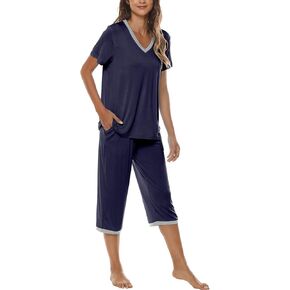 JINSHI Women's Pajamas Set Short Sleeve Top and Capri Pants Lightweight Sleepwear Comfy Pjs Lounge Set with Pockets