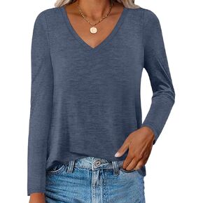 Womens V Neck Long Sleeve T Shirts Casual Curved Hem Tunic Tops Basic Loose Fit Tees 2025 in Kuwait