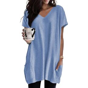 Poetsky Summer Womens Tunic Tops for Leggings with Pockets Vneck Short Sleeve Casual Long T Shirts S-3XL