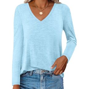 Womens V Neck Long Sleeve T Shirts Casual Curved Hem Tunic Tops Basic Loose Fit Tees 2025