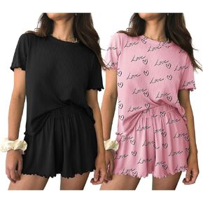 Ekouaer 2 Packs Womens Pajama Set Short Sleeve Sleepwear Soft Top and Shorts Pjs Casual Outfits Lounge Set with Pockets