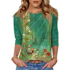 LOMON 3/4 Length Sleeve Womens Tops Spring Summer Fashion 2025 Tops Crew Neck Pleated Shirts Tunic Top Loose Fit