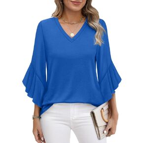 OFEEFAN Blouses for Women Dressy Casual 3/4 Length Sleeve Womens Tops V Neck Tshirts Shirts with Flared Sleeve