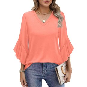OFEEFAN Blouses for Women Dressy Casual 3/4 Length Sleeve Womens Tops V Neck Tshirts Shirts with Flared Sleeve in Saudi Arabia