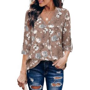 Youtalia Womens Blouses Dressy Casual Business Tops 3/4 Sleeve Chiffon V Neck Work Office Shirts