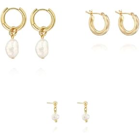 Gold Earrings for Women, 14k Gold Plated Earring Stack Hypoallergenic Pearl Drop Earring Dainty Gold Earrings for Women Trendy Cute Small Huggie Hoop Earring Fashion Womens Jewelry