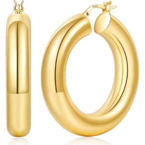 8 مم من الذهب الذهب الأقراط أقراط Hypoallergenic 925 Sterling Silver Hollow Tube Tube Hoop خفيفة الوزن 14K الذهب الحقيقي مطلي الأطواق الذهب السميكة للنساء 30/40/50 ملم