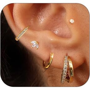 Small Hoop Earrings Set for Women,Trendy 14K Gold Plated Sterling Silver Small Chunky Hoops Earrings for Multiple Piercing Jewelry Gift