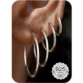 4 Pairs Sterling Silver Hoop Earrings for Women - Small 14K Gold Plated Hoop Earring Set, Hypoallergenic Lightweight Thin Silver Hoops for Sensitive Ears- Medium Big Stack Earrings for Women Gift
