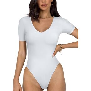 Reoria 2025 New Short Sleeve Women’s Bodysitits v Neck Seamless Out Basic Thong Bodysuit bodysuit