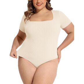 FOREYOND Plus Size Bodysuits for Women Short Sleeves Square Neck Body Suit Tops Casual Basic Slim Fit Shirts Leotards