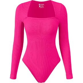 OQQ Women's Bodysuits Sexy Ribbed Square Neck Long Sleeve Tummy Control Casual Fall Bodysuits