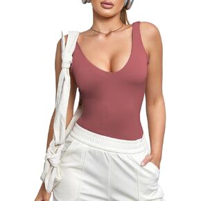 Womens Bodysuits Deep V Neck Backless Sleeveless Double-Lined Thong Bodysuit Tank Top