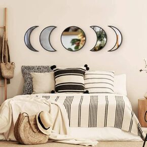 مجموعة مرآة المرحلة Honio Moon ، من السهل تثبيت Boho Moon 5pcs مرايا ديكور الحائط مشرقة وواسعة لغرفة النوم (أسود)