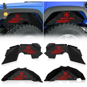 for Wrangler JK Front and Rear Inner Fender Liners Compatible with 2007-2018 Jeep Wrangler JK & JKU 2/4 Doors, Since 1941 Logo Steel Back Mud Guards Wheel Well Cover Fender Flare Liners (4 PCS)