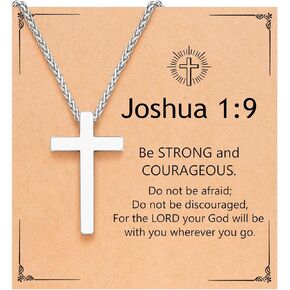 Silver Cross Necklace for Men Boys, Christian Gifts Joshua 1:9 Stainless Steel Chain Necklace 18-20 Inch