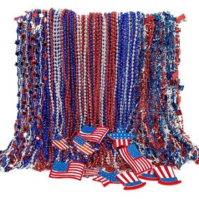 4th of July Necklace Accessories, 144PCS 4th of July Beads Decor, Patriotic Independence Day Red Blue White Necklaces USA Hat Flags Pendant, Metallic Necklace for Memorial Day Parades Party