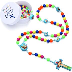 Tondiamo First Communion Rosary Saint Set for Girls and Boys Rosary Necklace with Box and Sticker Catholic Christening Baptism Gifts for Baby Shower Holy First Communion Christian Beads