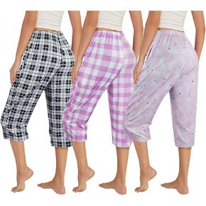VENTELAN 3 Pack Womens Ultra-Soft Capri Pajama Pants Adjustable waistband Sleepwear(Available In Plus Size) S-XXXL