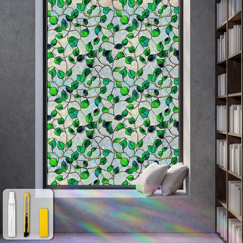 Window Privacy Film Static Cling Sticker Rainbow Window Film Glass Decals with Iridescent Effect, Removable Nature Pattern Tint for Home Bathroom Door Car Windows(Blue & Green pothos Botanical Design) in Saudi Arabia
